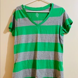 Green/grey striped v-neck t-shirt